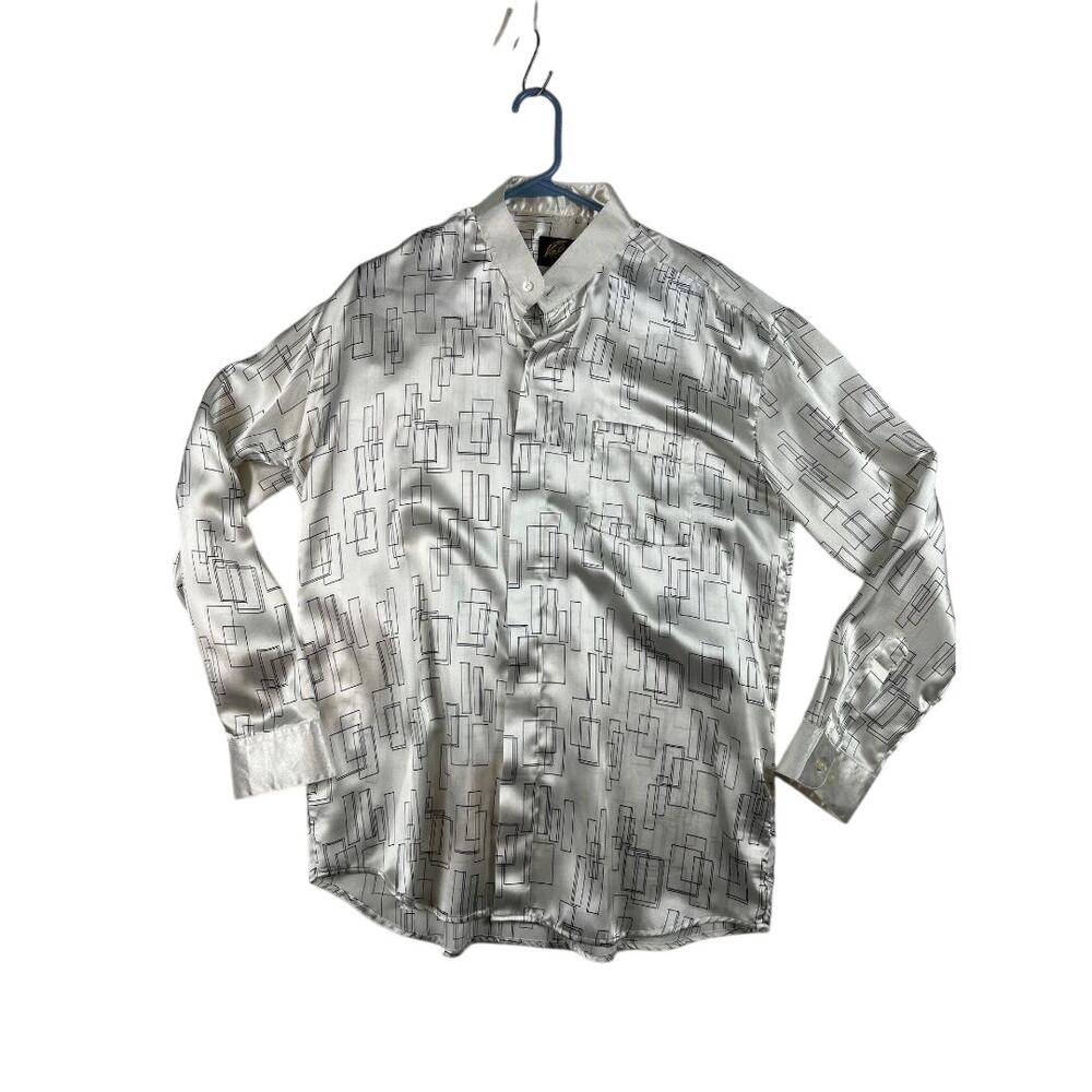 Henri Valdise Men's Dress Shirt Size 16-16½ Large White Geometric Pattern Vtg
